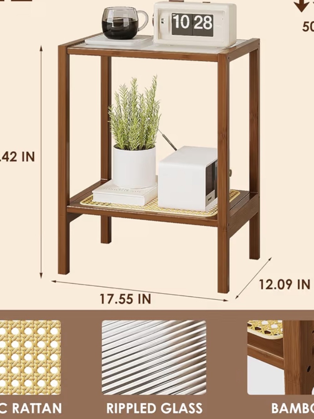 Bamboo Accent Side Table with Rippled Glass Top - Walnut Brown